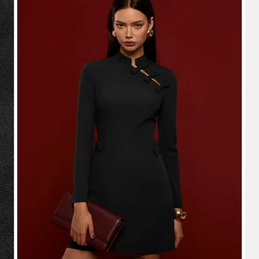 Commense Mini Black Mandarin Collar Bow Detail Dress, NWT, Size XL